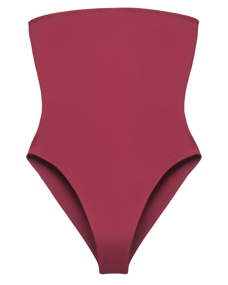 Front of a size 4X Strapless One-Piece Swimsuit in Burgundy by Hilary MacMillan. | dia_product_style_image_id:296066